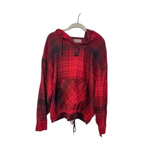 UO Alex Popover Check Flannel Hoodie Red & Black Size Medium